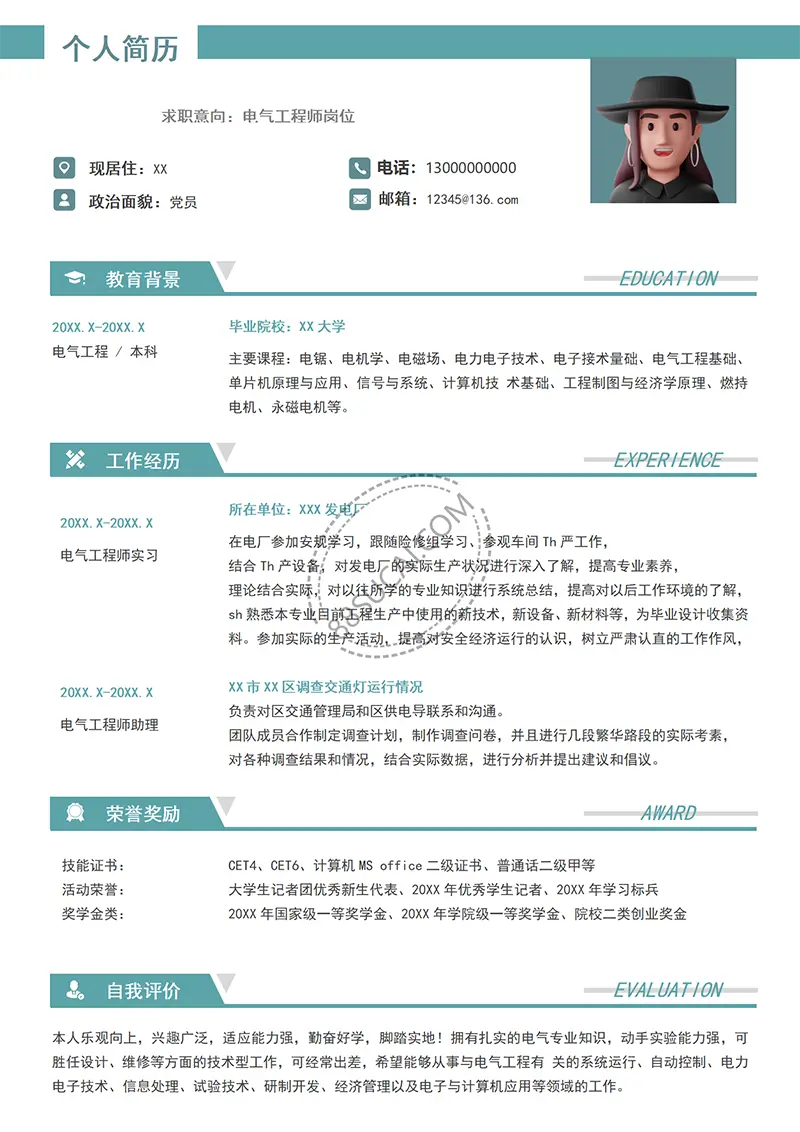电气工程师岗位求职简历模板简历WORD模板免费下载