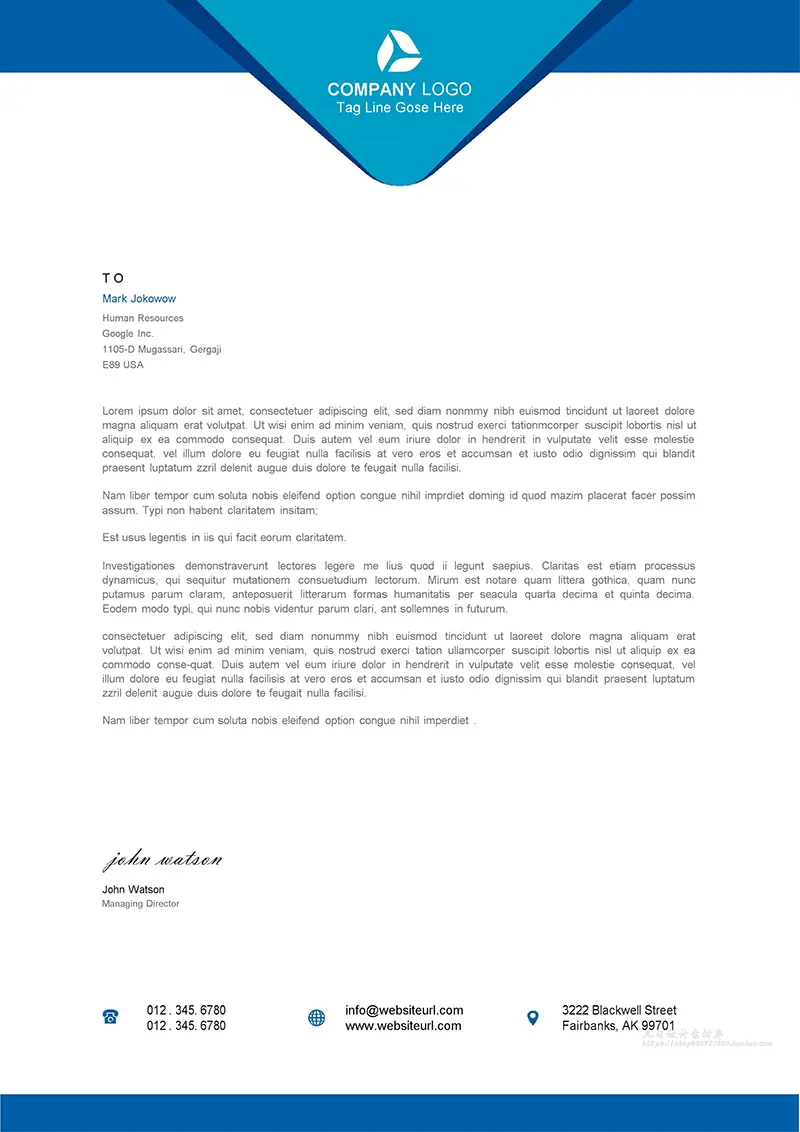 蓝色圆角企业商务信纸背景word模板免费下载