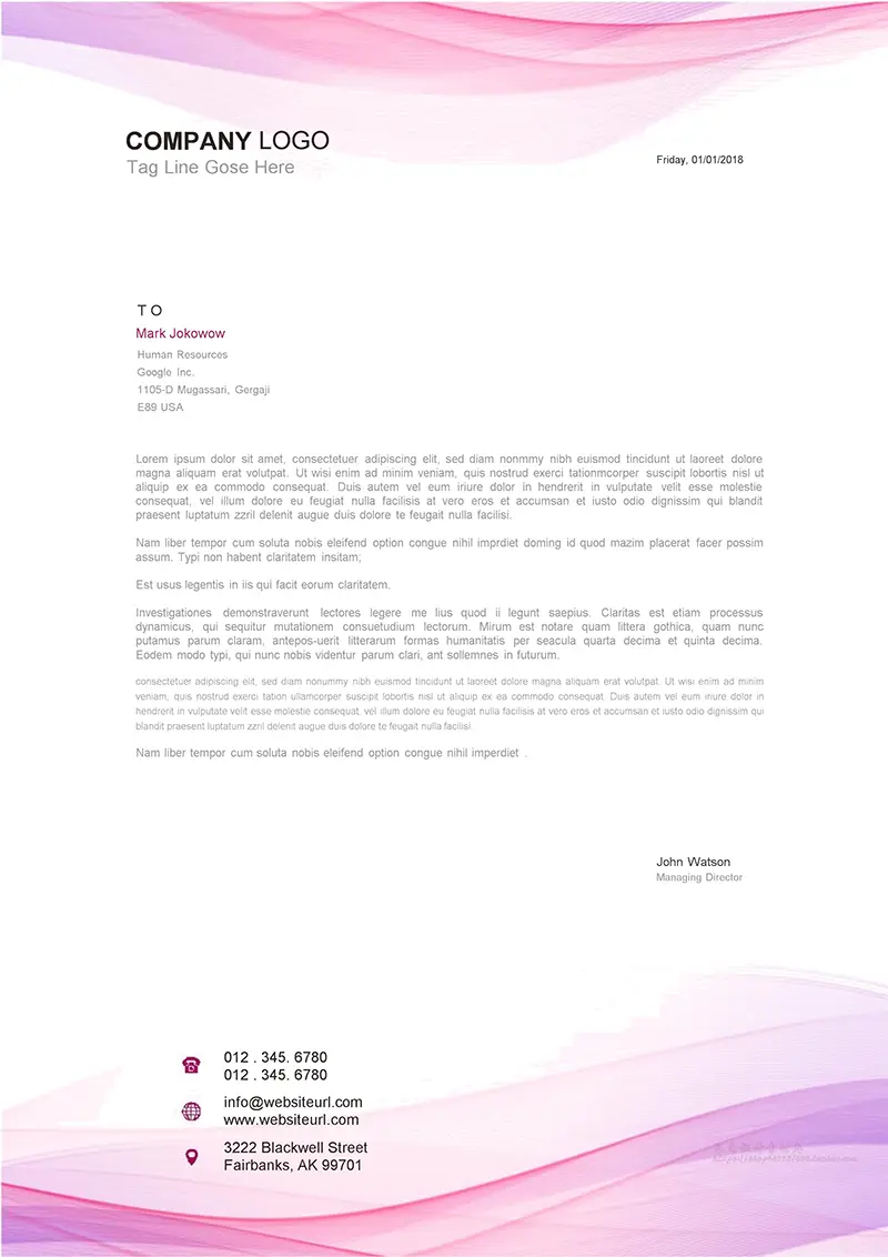 粉色曲线企业商务信纸背景word模板免费下载