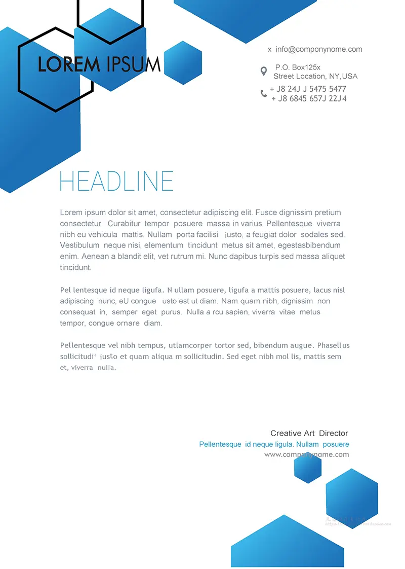 蓝色六边形企业商务信纸背景word模板免费下载