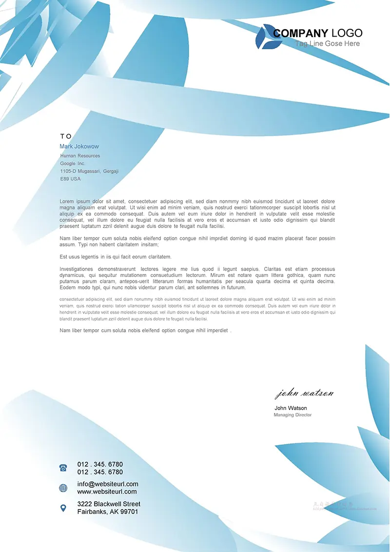 浅蓝花瓣企业商务信纸背景word模板免费下载