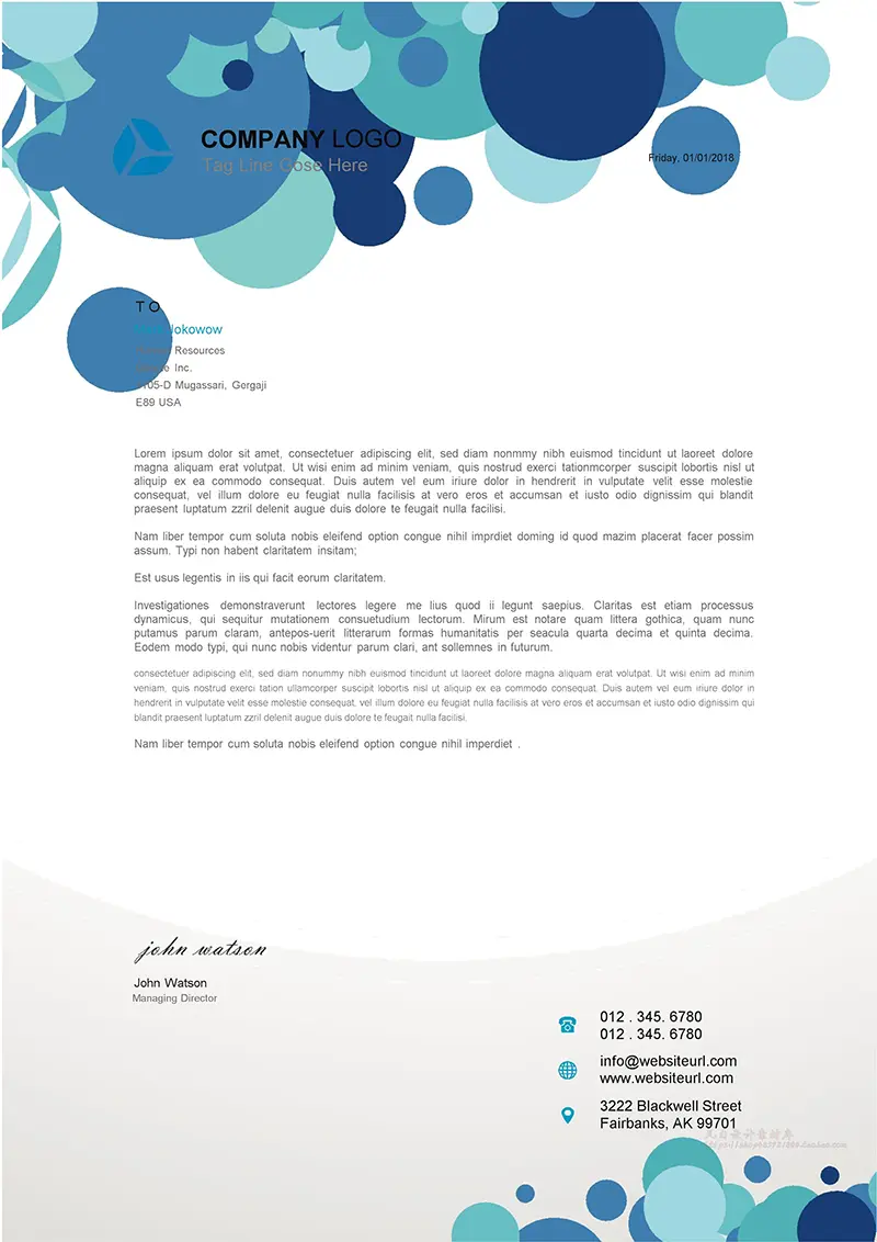 圆形装饰企业商务信纸背景word模板免费下载