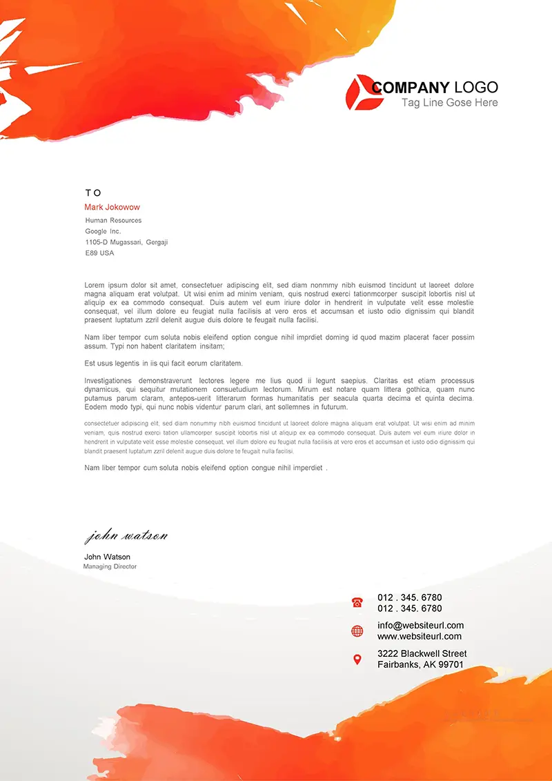 水彩墨迹企业商务信纸背景word模板免费下载