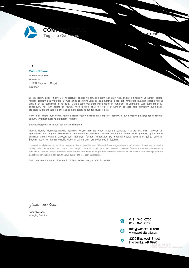 黑色色块企业商务信纸背景word模板免费下载