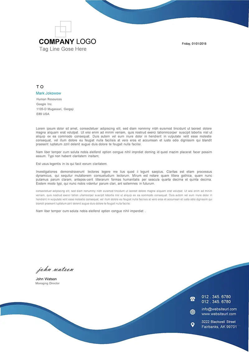 蓝色曲面装饰企业商务信纸背景word模板免费下载