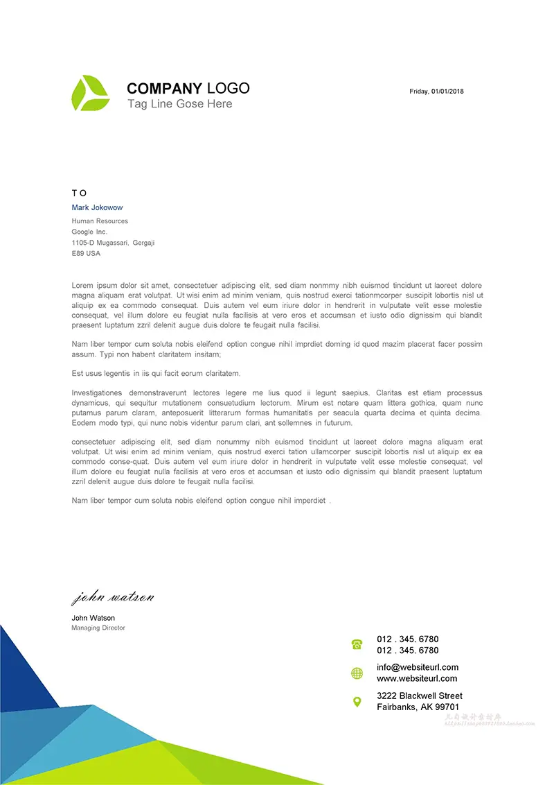 三角形色块企业商务信纸背景word模板免费下载