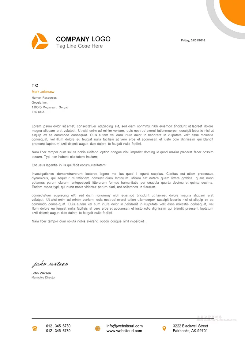 小角圆形装饰企业商务信纸背景word模板免费下载