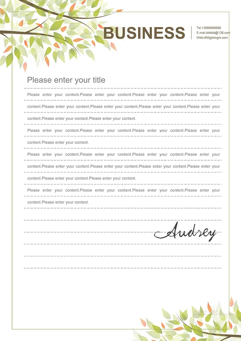 绿色树叶企业商务信纸背景word模板免费下载